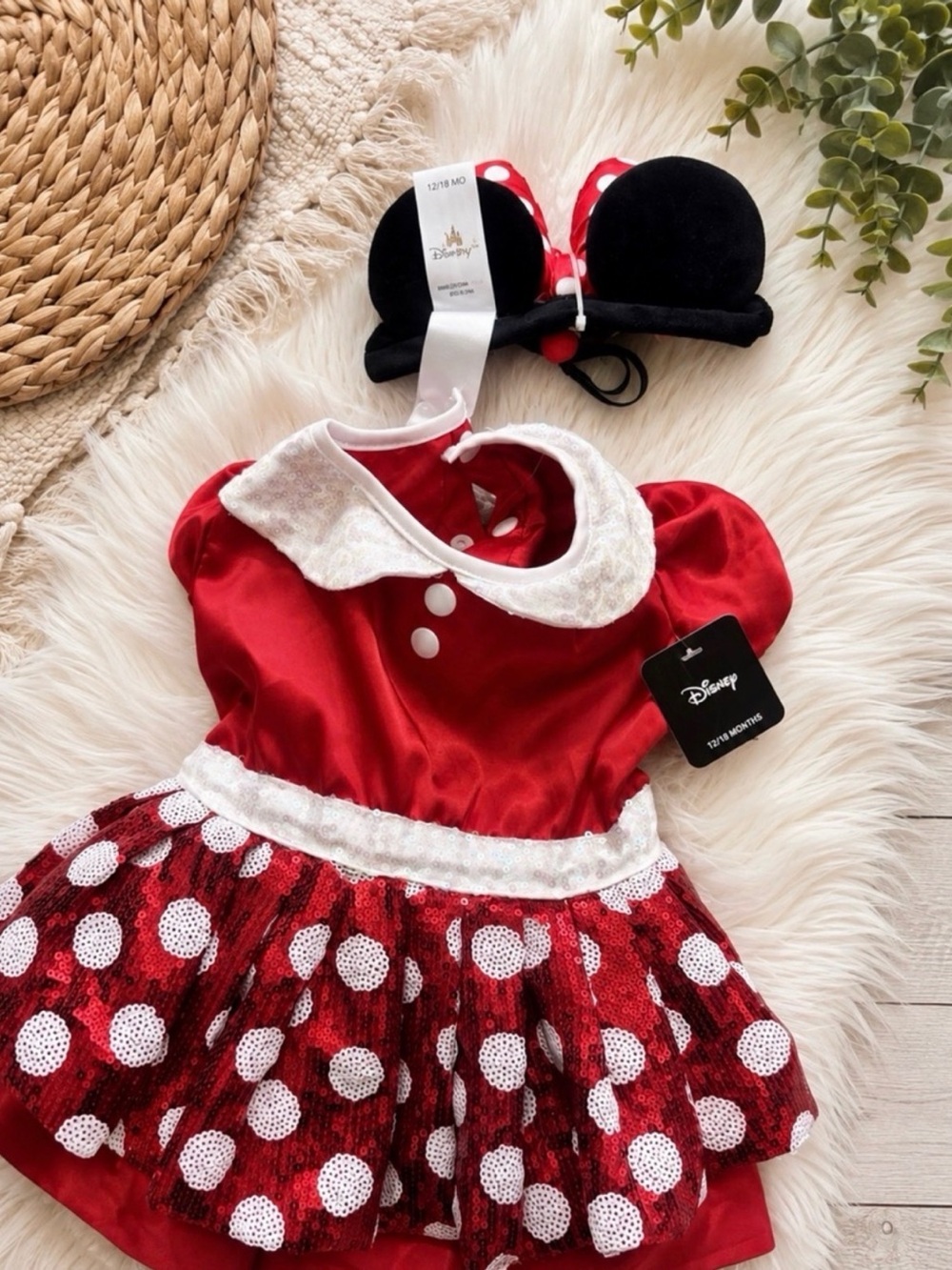 Disney Red and White Minnie Mouse Sequin Dot Toddler Dress with Ear Headband